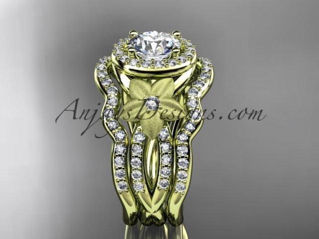 14kt yellow gold diamond floral wedding ring, engagement ring with a double matching band ADLR127S - AnjaysDesigns