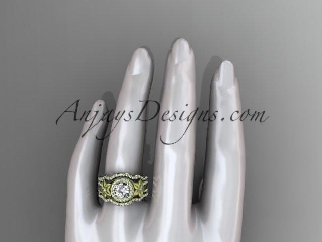 14kt yellow gold diamond floral wedding ring, engagement ring with a double matching band ADLR127S - AnjaysDesigns