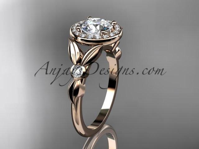 14kt rose gold diamond floral wedding ring, engagement ring with a "Forever One" Moissanite center stone ADLR129 - AnjaysDesigns