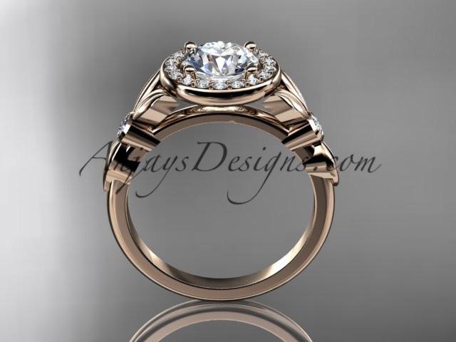 14kt rose gold diamond floral wedding ring, engagement ring with a "Forever One" Moissanite center stone ADLR129 - AnjaysDesigns