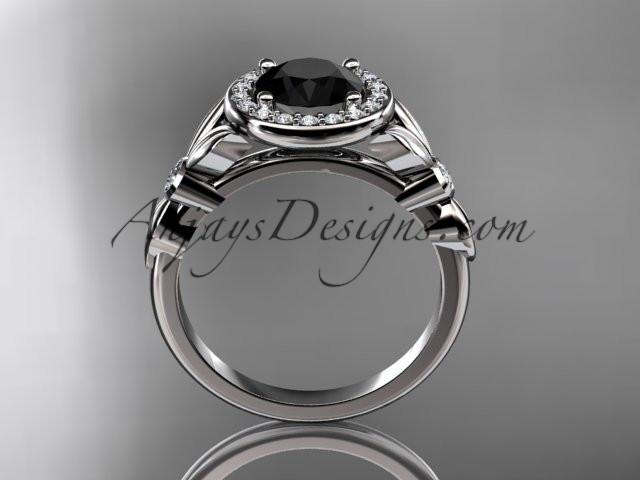 platinum diamond floral wedding ring, engagement ring with a Black Diamond center stone ADLR129 - AnjaysDesigns