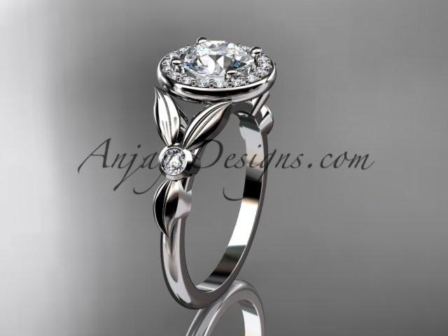 Platinum diamond floral wedding ring, engagement ring with a "Forever One" Moissanite center stone ADLR129 - AnjaysDesigns