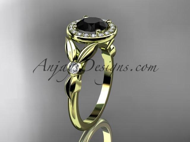 14kt yellow gold diamond floral wedding ring, engagement ring with a Black Diamond center stone ADLR129 - AnjaysDesigns