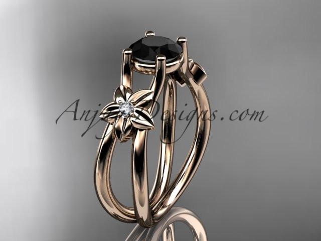 14kt rose gold diamond floral wedding ring, engagement ring with a Black Diamond center stone ADLR130 - AnjaysDesigns