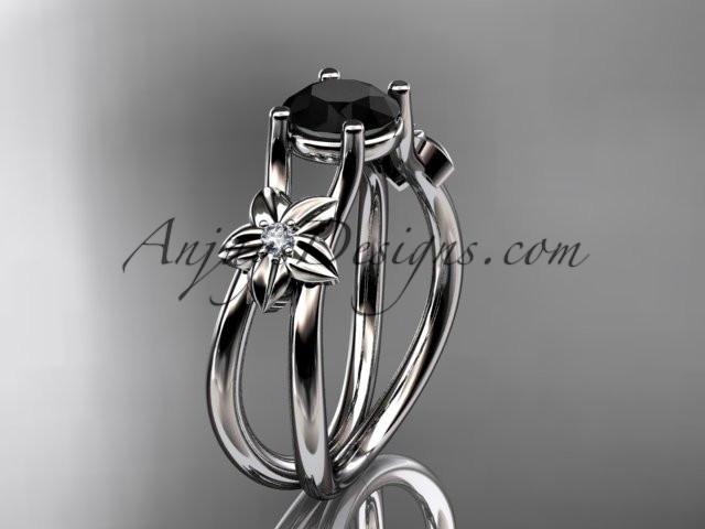 platinum diamond floral wedding ring, engagement ring with a Black Diamond center stone ADLR130 - AnjaysDesigns