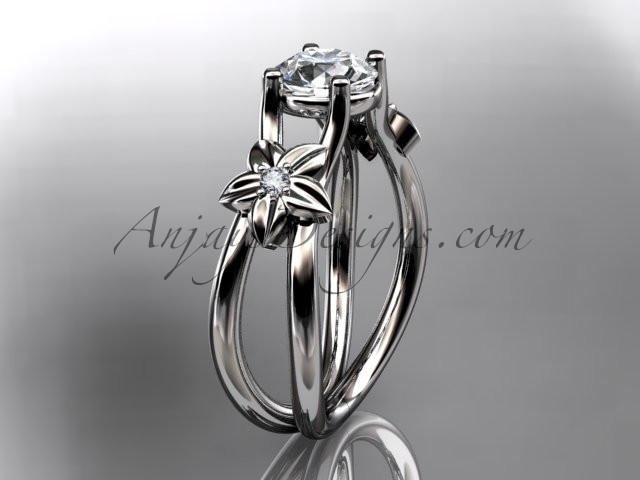 14kt white gold diamond floral wedding ring, engagement ring with a "Forever One" Moissanite center stone ADLR130 - AnjaysDesigns