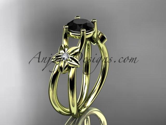 14kt yellow gold diamond floral wedding ring, engagement ring with a Black Diamond center stone ADLR130 - AnjaysDesigns