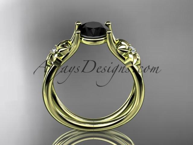 14kt yellow gold diamond floral wedding ring, engagement ring with a Black Diamond center stone ADLR130 - AnjaysDesigns