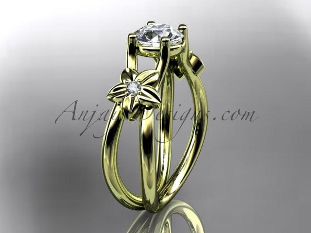 14kt yellow gold diamond floral wedding ring, engagement ring with a "Forever One" Moissanite center stone ADLR130 - AnjaysDesigns