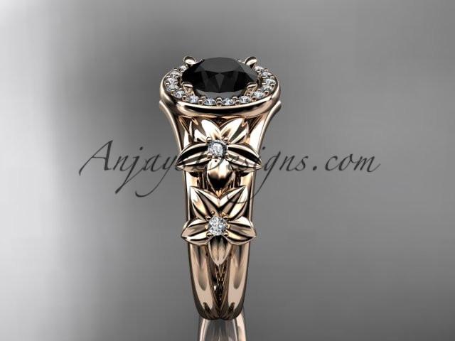 14kt rose gold diamond floral wedding ring, engagement ring with a Black Diamond center stone ADLR131 - AnjaysDesigns