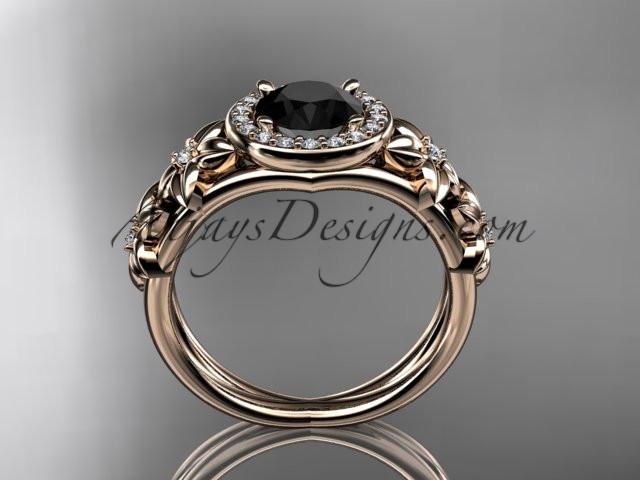 14kt rose gold diamond floral wedding ring, engagement ring with a Black Diamond center stone ADLR131 - AnjaysDesigns
