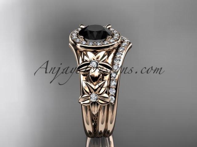 14kt rose gold diamond floral wedding ring, engagement set with a Black Diamond center stone ADLR131S - AnjaysDesigns