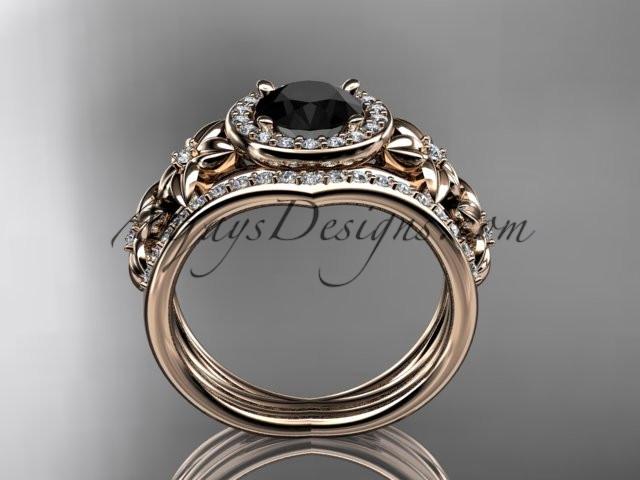 14kt rose gold diamond floral wedding ring, engagement set with a Black Diamond center stone ADLR131S - AnjaysDesigns