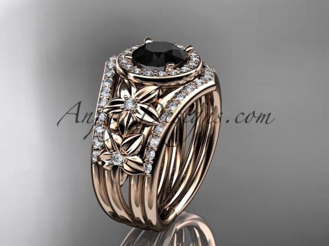 14kt rose gold diamond floral wedding ring, engagement ring with a Black Diamond center stone and double matching band ADLR131S - AnjaysDesigns