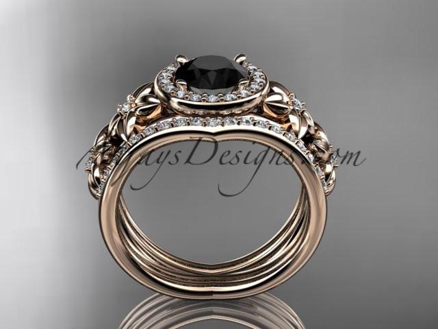 14kt rose gold diamond floral wedding ring, engagement ring with a Black Diamond center stone and double matching band ADLR131S - AnjaysDesigns