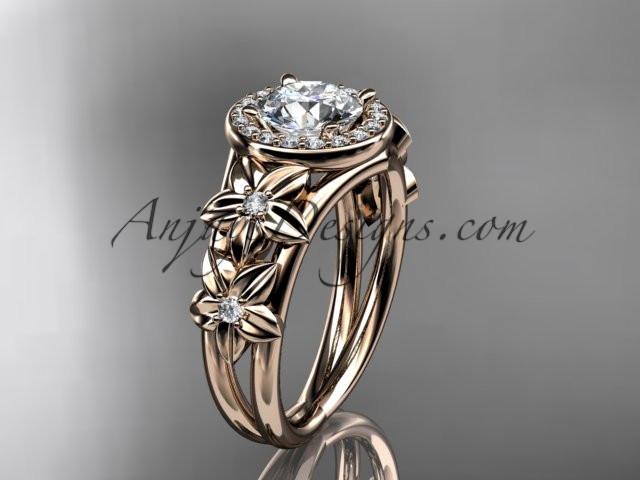 14kt rose gold diamond floral wedding ring, engagement ring with a "Forever One" Moissanite center stone ADLR131 - AnjaysDesigns