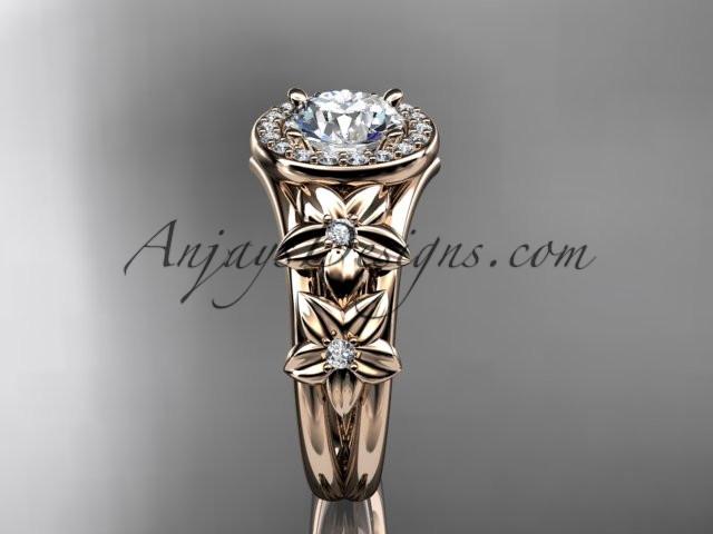 14kt rose gold diamond floral wedding ring, engagement ring with a "Forever One" Moissanite center stone ADLR131 - AnjaysDesigns
