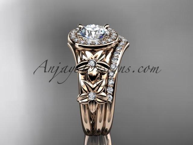 14kt rose gold diamond floral wedding ring, engagement set with a "Forever One" Moissanite center stone ADLR131S - AnjaysDesigns