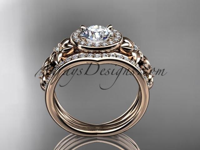 14kt rose gold diamond floral wedding ring, engagement set with a "Forever One" Moissanite center stone ADLR131S - AnjaysDesigns