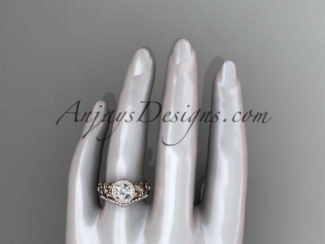 14kt rose gold diamond floral wedding ring, engagement set with a "Forever One" Moissanite center stone ADLR131S - AnjaysDesigns