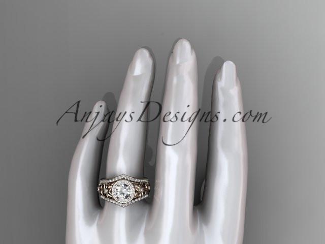 14kt rose gold diamond floral wedding ring, engagement ring with double matching band ADLR131S - AnjaysDesigns