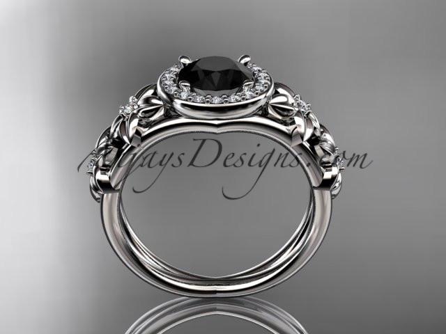 platinum diamond floral wedding ring, engagement ring with a Black Diamond center stone ADLR131 - AnjaysDesigns