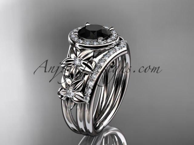 platinum diamond floral wedding ring, engagement set with a Black Diamond center stone ADLR131S - AnjaysDesigns