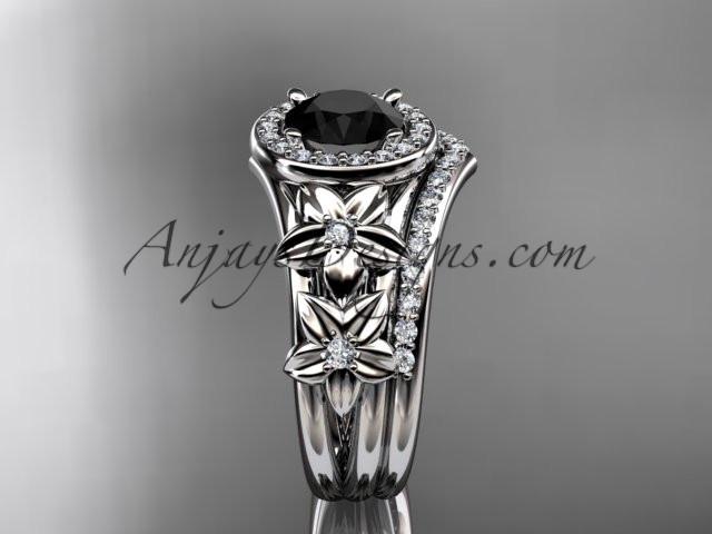 14kt white gold diamond floral wedding ring, engagement set with a Black Diamond center stone ADLR131S - AnjaysDesigns