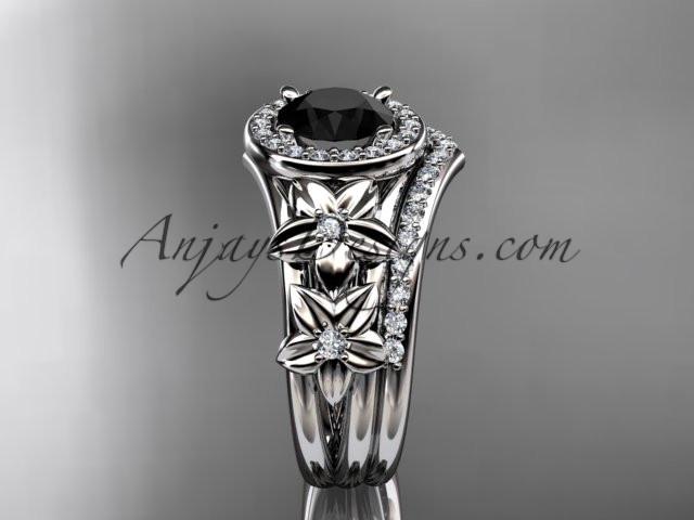 platinum diamond floral wedding ring, engagement set with a Black Diamond center stone ADLR131S - AnjaysDesigns