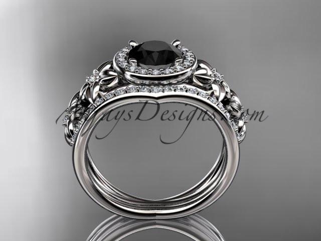 14kt white gold diamond floral wedding ring, engagement set with a Black Diamond center stone ADLR131S - AnjaysDesigns