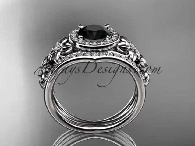 platinum diamond floral wedding ring, engagement set with a Black Diamond center stone ADLR131S - AnjaysDesigns