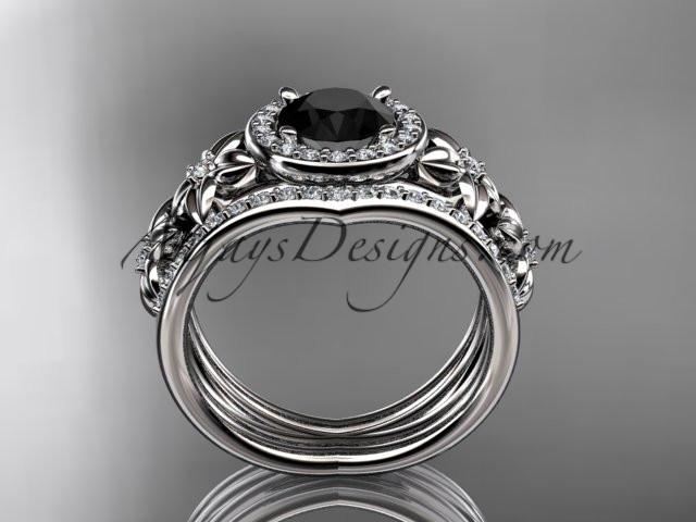 platinum diamond floral wedding ring, engagement ring with a Black Diamond center stone and double matching band ADLR131S - AnjaysDesigns