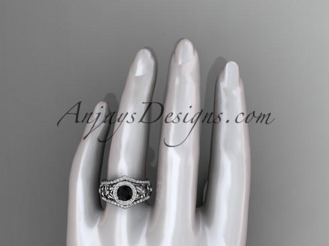 14kt white gold diamond floral wedding ring, engagement ring with a Black Diamond center stone and double matching band ADLR131S - AnjaysDesigns
