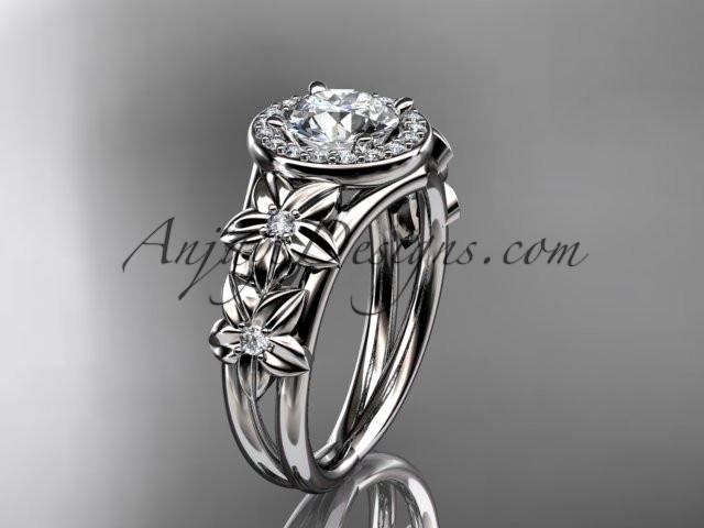 14kt white gold diamond floral wedding ring, engagement ring with a "Forever One" Moissanite center stone ADLR131 - AnjaysDesigns