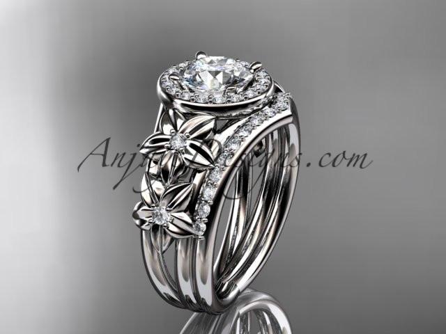 14kt white gold diamond floral wedding ring, engagement set with a "Forever One" Moissanite center stone ADLR131S - AnjaysDesigns