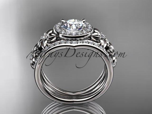 platinum diamond floral wedding ring, engagement ring with double matching band ADLR131S - AnjaysDesigns
