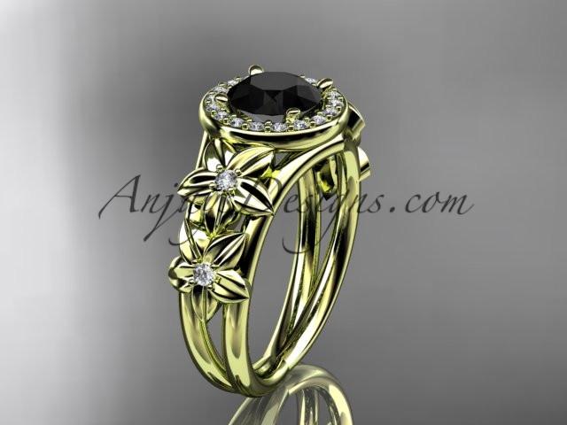 14kt yellow gold diamond floral wedding ring, engagement ring with a Black Diamond center stone ADLR131 - AnjaysDesigns