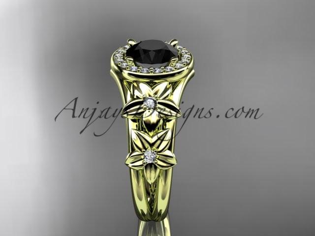 14kt yellow gold diamond floral wedding ring, engagement ring with a Black Diamond center stone ADLR131 - AnjaysDesigns