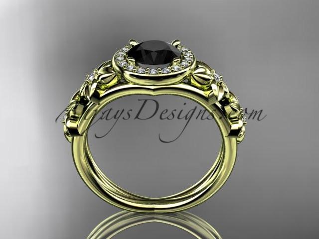 14kt yellow gold diamond floral wedding ring, engagement ring with a Black Diamond center stone ADLR131 - AnjaysDesigns