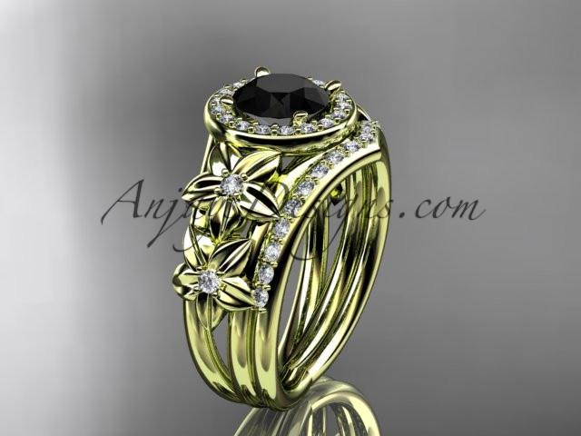 14kt yellow gold diamond floral wedding ring, engagement set with a Black Diamond center stone ADLR131S - AnjaysDesigns