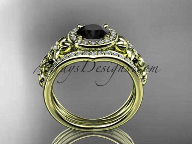 14kt yellow gold diamond floral wedding ring, engagement set with a Black Diamond center stone ADLR131S - AnjaysDesigns