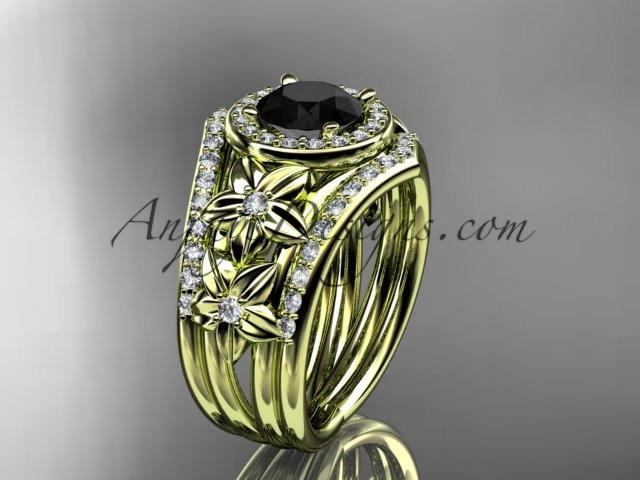 14kt yellow gold diamond floral wedding ring, engagement ring with a Black Diamond center stone and double matching band ADLR131S - AnjaysDesigns
