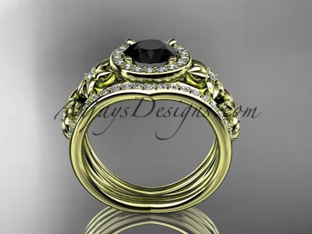 14kt yellow gold diamond floral wedding ring, engagement ring with a Black Diamond center stone and double matching band ADLR131S - AnjaysDesigns