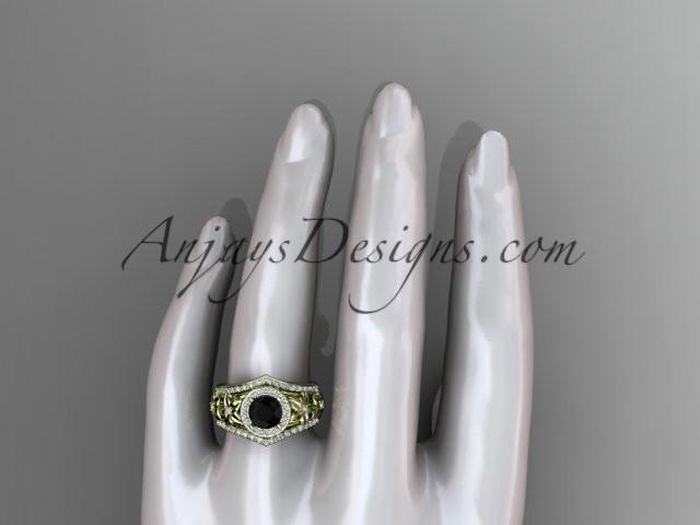 14kt yellow gold diamond floral wedding ring, engagement ring with a Black Diamond center stone and double matching band ADLR131S - AnjaysDesigns
