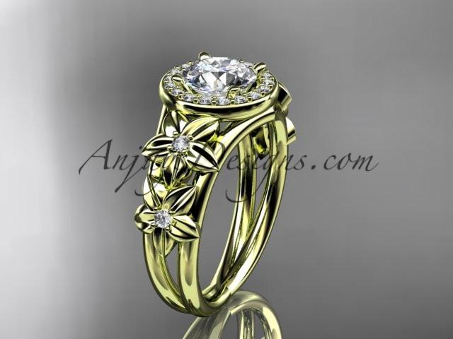 14kt yellow gold diamond floral wedding ring, engagement ring with a "Forever One" Moissanite center stone ADLR131 - AnjaysDesigns