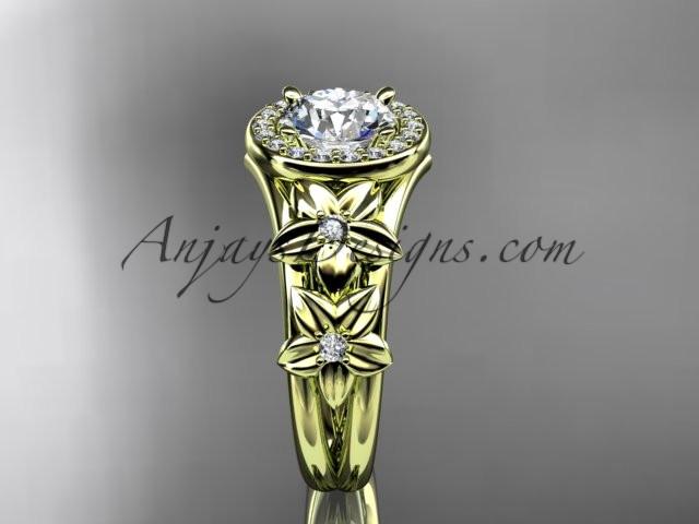 14kt yellow gold diamond floral wedding ring, engagement ring with a "Forever One" Moissanite center stone ADLR131 - AnjaysDesigns