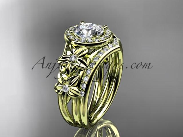 14kt yellow gold diamond floral wedding ring, engagement set with a "Forever One" Moissanite center stone ADLR131S - AnjaysDesigns