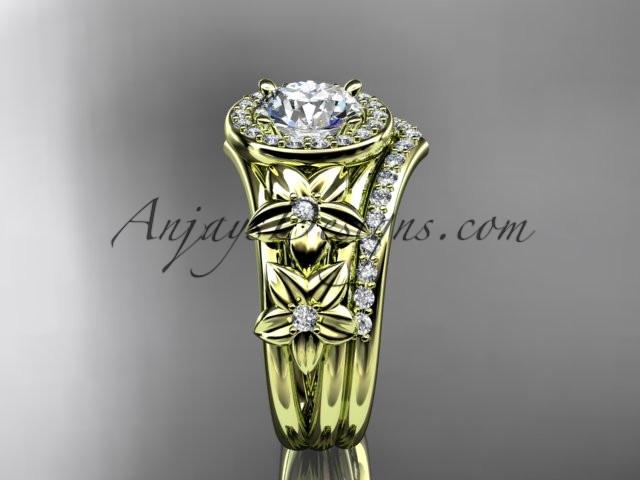 14kt yellow gold diamond floral wedding ring, engagement set with a "Forever One" Moissanite center stone ADLR131S - AnjaysDesigns
