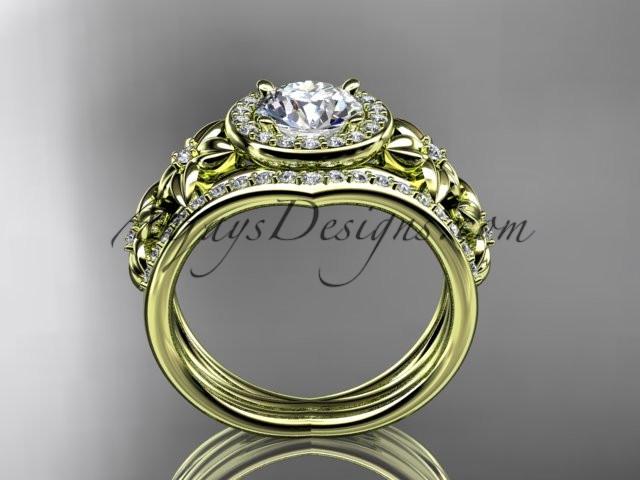 14kt yellow gold diamond floral wedding ring, engagement set with a "Forever One" Moissanite center stone ADLR131S - AnjaysDesigns