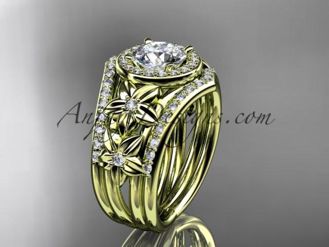 14kt yellow gold diamond floral wedding ring, engagement ring with a "Forever One" Moissanite center stone and double matching band ADLR131S - AnjaysDesigns